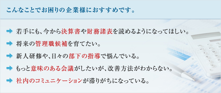 こんなことでお困りの企業様におすすめです。
若手にも、今から決算書や財務諸表を読めるようになってほしい。
将来の管理職候補を育てたい。
新人研修や、日々の部下の指導で悩んでいる。
もっと意味のある会議がしたいが、改善方法がわからない。
社内のコミュニケーションが滞りがちになっている。